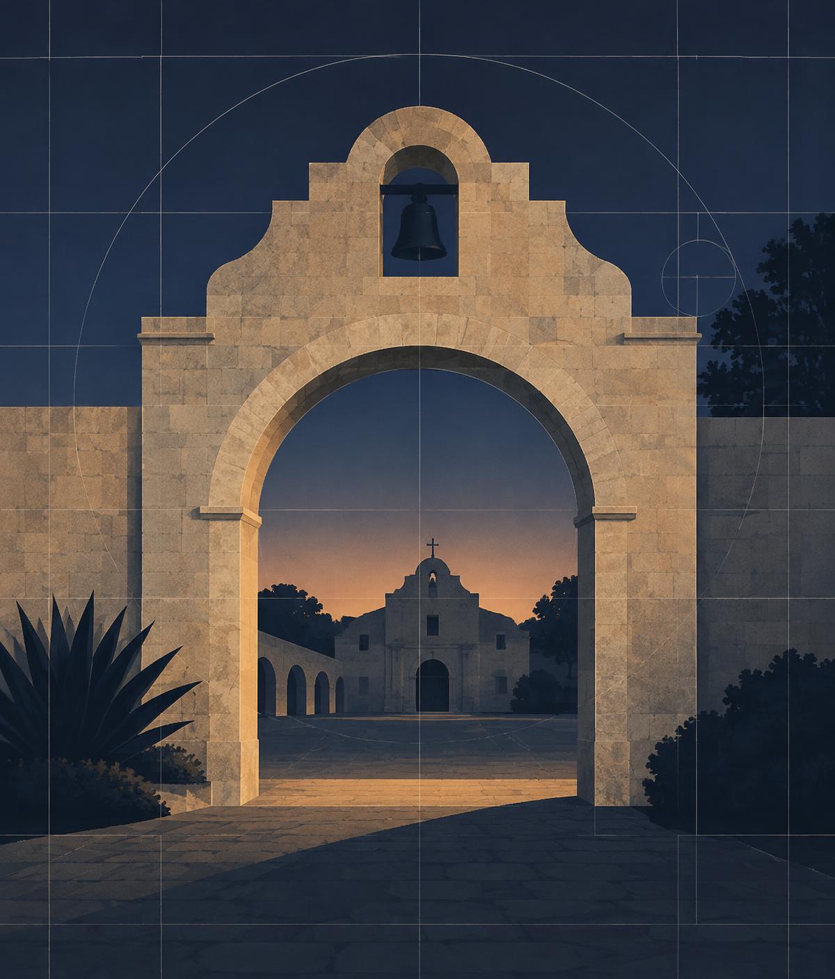 Illustration of a San Antonio mission-style stone arch at dusk